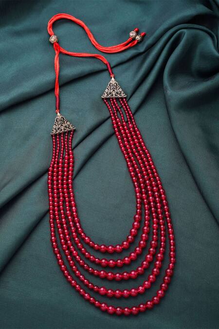 Shop_Cosa Nostraa_Red Beaded Brass Mala _at_Aza_Fashions