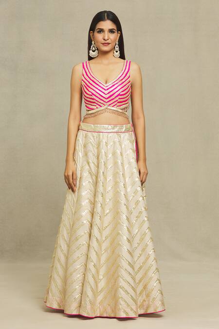 Buy Vandana Sethi Ivory Silk Gota Patti Asymmetric Embroidered Bridal Lehenga Set Online at Aza Fashions Buy_Vandana Sethi_Ivory Silk Gota Patti Asymmetric Embroidered Bridal Lehenga Set _Online_at_Aza_Fashions