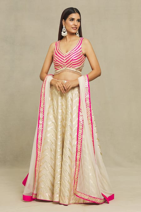 Shop Vandana Sethi Ivory Silk Gota Patti Asymmetric Embroidered Bridal Lehenga Set Online at Aza Fashions Shop_Vandana Sethi_Ivory Silk Gota Patti Asymmetric Embroidered Bridal Lehenga Set _Online_at_Aza_Fashions