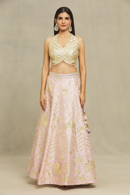 Buy_Vandana Sethi_Pink Silk Embroidery, Gota Patti Halter Neck Blouse Bridal Lehenga Set _Online_at_Aza_Fashions