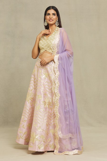 Shop_Vandana Sethi_Pink Silk Embroidery, Gota Patti Halter Neck Blouse Bridal Lehenga Set _Online_at_Aza_Fashions