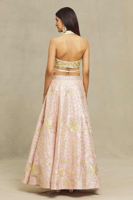 Vandana Sethi_Pink Silk Embroidery, Gota Patti Halter Neck Blouse Bridal Lehenga Set _Online_at_Aza_Fashions