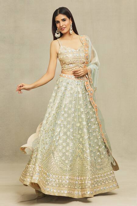 Shop Vandana Sethi Green , Silk Gota Patti, Embroidered Blouse Bridal Lehenga Set Online at Aza Fashions Shop_Vandana Sethi_Green , Silk Gota Patti, Embroidered Blouse Bridal Lehenga Set _Online_at_Aza_Fashions