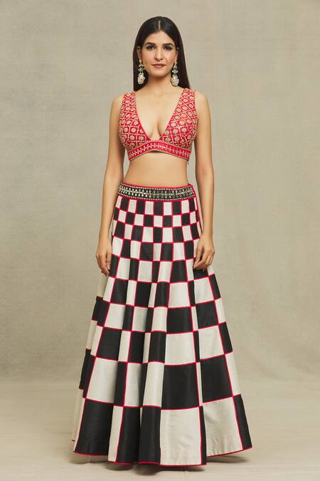 Buy Vandana Sethi Black Silk, Denim Mirrors, Embroidery V-neck Blouse Lehenga Set Online at Aza Fashions Buy_Vandana Sethi_Black Silk, Denim Mirrors, Embroidery V-neck Blouse Lehenga Set _Online_at_Aza_Fashions