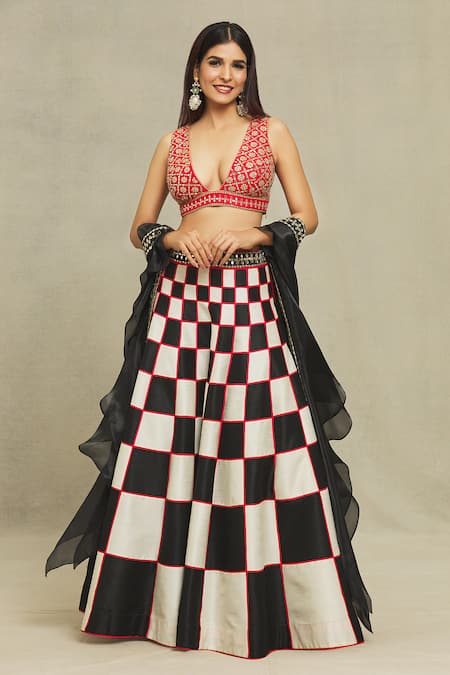 Shop Vandana Sethi Black Silk, Denim Mirrors, Embroidery V-neck Blouse Lehenga Set Online at Aza Fashions Shop_Vandana Sethi_Black Silk, Denim Mirrors, Embroidery V-neck Blouse Lehenga Set _Online_at_Aza_Fashions