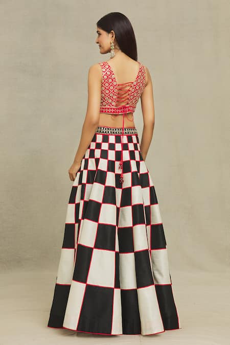 Vandana Sethi Black Silk, Denim Mirrors, Embroidery V-neck Blouse Lehenga Set Online at Aza Fashions Vandana Sethi_Black Silk, Denim Mirrors, Embroidery V-neck Blouse Lehenga Set _Online_at_Aza_Fashions