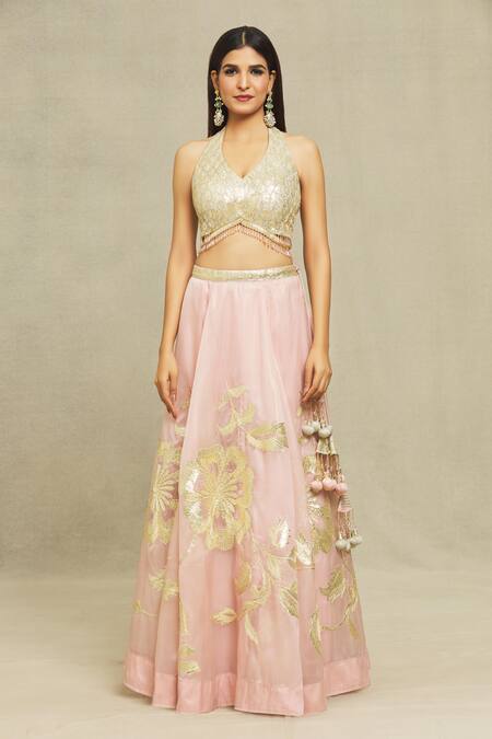 Buy Vandana Sethi Pink Organza Gota Patti Halter Neck Embroidered Lehenga Set Online at Aza Fashions Buy_Vandana Sethi_Pink Organza Gota Patti Halter Neck Embroidered Lehenga Set _Online_at_Aza_Fashions
