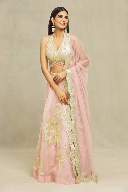 Shop Vandana Sethi Pink Organza Gota Patti Halter Neck Embroidered Lehenga Set Online at Aza Fashions Shop_Vandana Sethi_Pink Organza Gota Patti Halter Neck Embroidered Lehenga Set _Online_at_Aza_Fashions