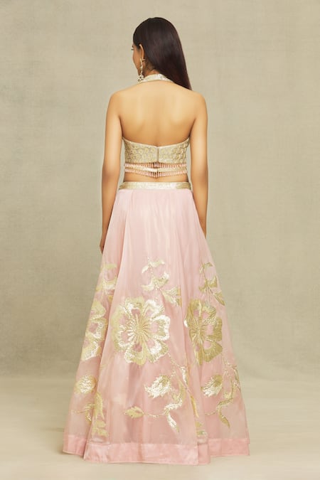 Vandana Sethi Pink Organza Gota Patti Halter Neck Embroidered Lehenga Set Online at Aza Fashions Vandana Sethi_Pink Organza Gota Patti Halter Neck Embroidered Lehenga Set _Online_at_Aza_Fashions