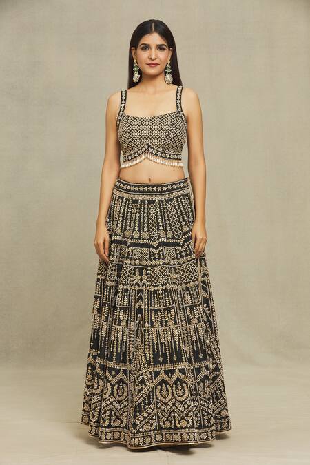 Buy Vandana Sethi Black Silk, Denim, Chiffon Pearls Square Neck Embroidered Blouse Lehenga Set Online at Aza Fashions Buy_Vandana Sethi_Black Silk, Denim, Chiffon Pearls Square Neck Embroidered Blouse Lehenga Set _Online_at_Aza_Fashions