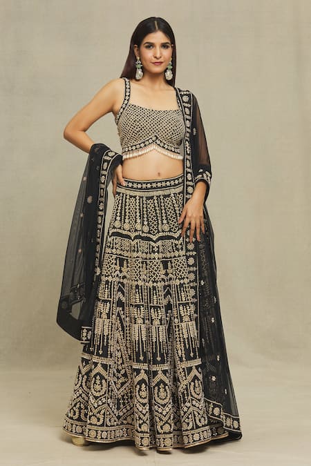 Shop Vandana Sethi Black Silk, Denim, Chiffon Pearls Square Neck Embroidered Blouse Lehenga Set Online at Aza Fashions Shop_Vandana Sethi_Black Silk, Denim, Chiffon Pearls Square Neck Embroidered Blouse Lehenga Set _Online_at_Aza_Fashions