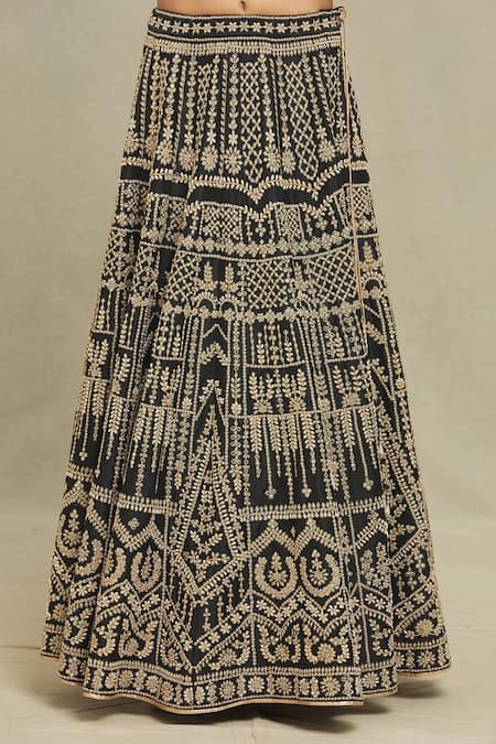 Vandana Sethi Black Silk, Denim, Chiffon Pearls Square Neck Embroidered Blouse Lehenga Set at Aza Fashions Vandana Sethi_Black Silk, Denim, Chiffon Pearls Square Neck Embroidered Blouse Lehenga Set _at_Aza_Fashions