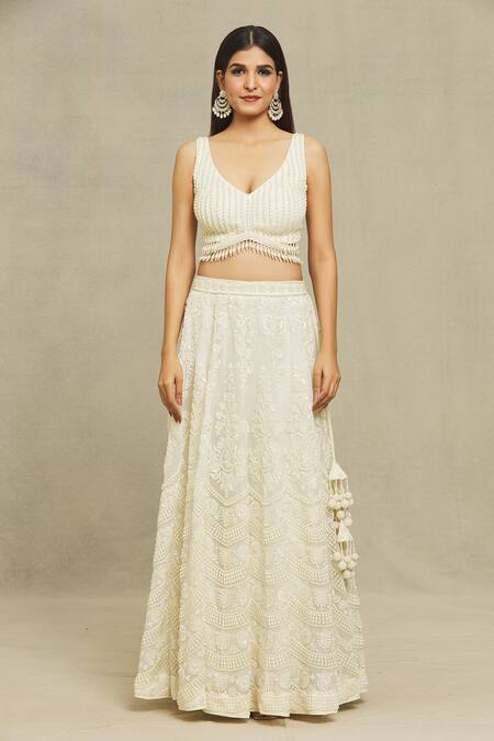 Buy_Vandana Sethi_White Organza Pearls Boat Neck Embroidered Bridal Lehenga Set _Online_at_Aza_Fashions