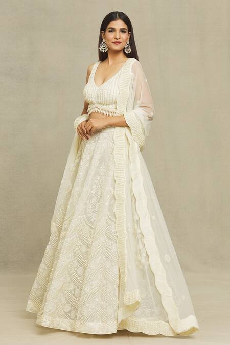 Shop_Vandana Sethi_White Organza Pearls Boat Neck Embroidered Bridal Lehenga Set _Online_at_Aza_Fashions