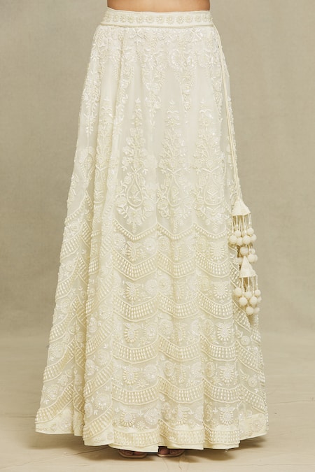 Vandana Sethi_White Organza Pearls Boat Neck Embroidered Bridal Lehenga Set _at_Aza_Fashions
