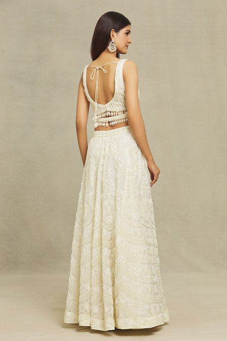 Vandana Sethi_White Organza Pearls Boat Neck Embroidered Bridal Lehenga Set _Online_at_Aza_Fashions
