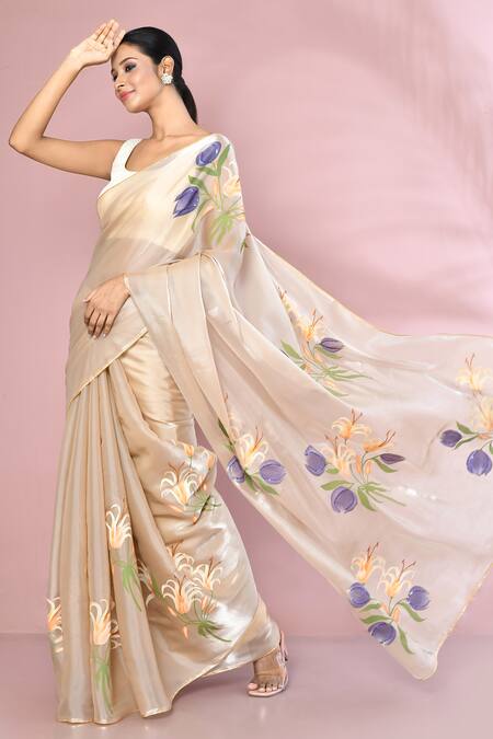 Anaya By Akruthi_Grey Satin, Silk Sequins Embroidered And Hand Painted Saree_Online_at_Aza_Fashions