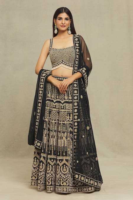 Vandana Sethi Black Dupion Silk Embroidered Pearls Square Neck Blouse Lehenga Set 