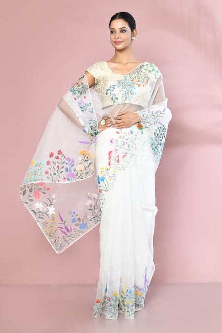 Buy_Anaya By Akruthi_White Organza Hand Painted Floral Saree_Online_at_Aza_Fashions