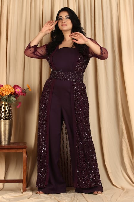 Buy Purple Jumpsuit Banana Crepe Embroidery Sequin Jumpsuit Solid