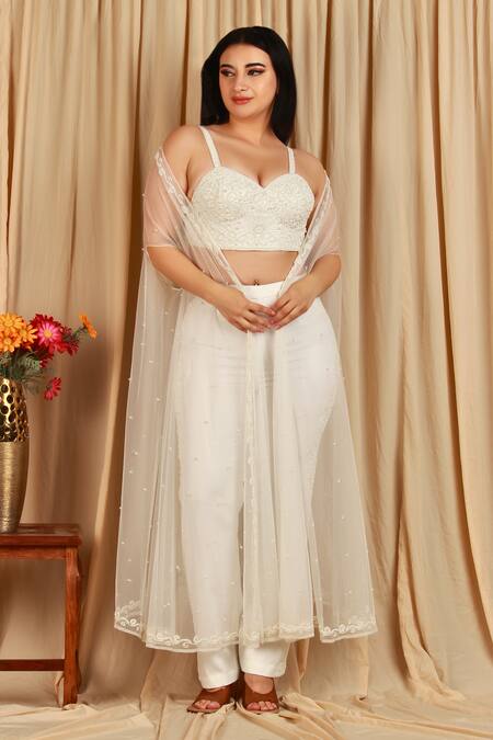 Shop Majestic By Japnah White Banana Crepe Hand Embroidered Pearls Sweetheart Cape And Pant Set at Aza Fashions Shop_Majestic By Japnah_White Banana Crepe Hand Embroidered Pearls Sweetheart Cape And Pant Set_at_Aza_Fashions