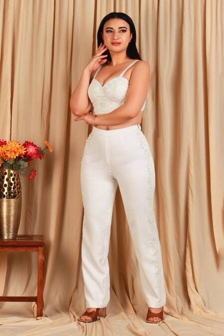 Majestic By Japnah White Banana Crepe Hand Embroidered Pearls Sweetheart Cape And Pant Set Online at Aza Fashions Majestic By Japnah_White Banana Crepe Hand Embroidered Pearls Sweetheart Cape And Pant Set_Online_at_Aza_Fashions