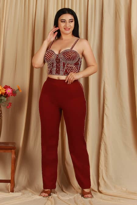 Majestic By Japnah Maroon Banana Crepe Embroidered Sequin Pearl Embellished Bustier With Pant 