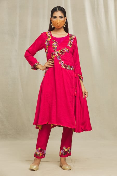 Bhusattva Red Organic Silk Hand Embroidered Resham V Neck Angarkha And Pant Set  