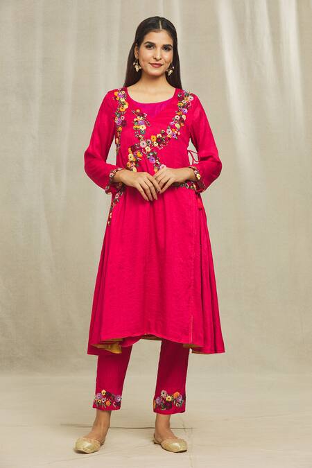 Bhusattva Red Organic Silk Hand Embroidered Resham V Neck Angarkha And Pant Set Online at Aza Fashions Bhusattva_Red Organic Silk Hand Embroidered Resham V Neck Angarkha And Pant Set _Online_at_Aza_Fashions