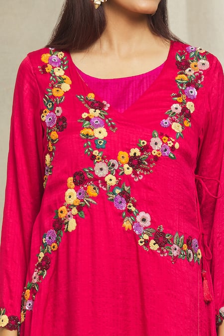 Buy Bhusattva Red Organic Silk Hand Embroidered Resham V Neck Angarkha And Pant Set Online at Aza Fashions Buy_Bhusattva_Red Organic Silk Hand Embroidered Resham V Neck Angarkha And Pant Set _Online_at_Aza_Fashions