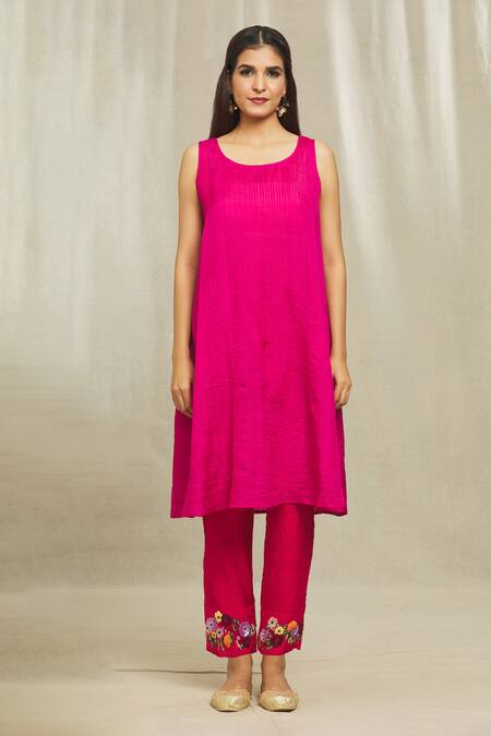 Bhusattva Red Organic Silk Hand Embroidered Resham V Neck Angarkha And Pant Set at Aza Fashions Bhusattva_Red Organic Silk Hand Embroidered Resham V Neck Angarkha And Pant Set _at_Aza_Fashions