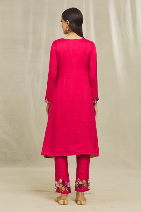 Shop Bhusattva Red Organic Silk Hand Embroidered Resham V Neck Angarkha And Pant Set at Aza Fashions Shop_Bhusattva_Red Organic Silk Hand Embroidered Resham V Neck Angarkha And Pant Set _at_Aza_Fashions
