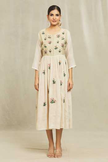 Bhusattva_Beige Silk Embroidery Round Neck Organic Floral Dress_Online_at_Aza_Fashions