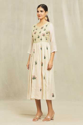 Buy_Bhusattva_Beige Silk Embroidery Round Neck Organic Floral Dress_Online_at_Aza_Fashions