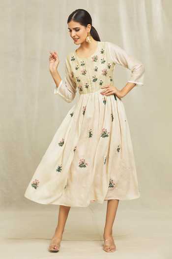 Shop_Bhusattva_Beige Silk Embroidery Round Neck Organic Floral Dress_Online_at_Aza_Fashions