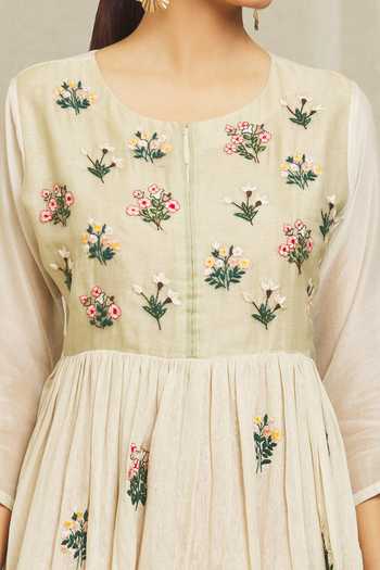 Bhusattva_Beige Silk Embroidery Round Neck Organic Floral Dress_at_Aza_Fashions