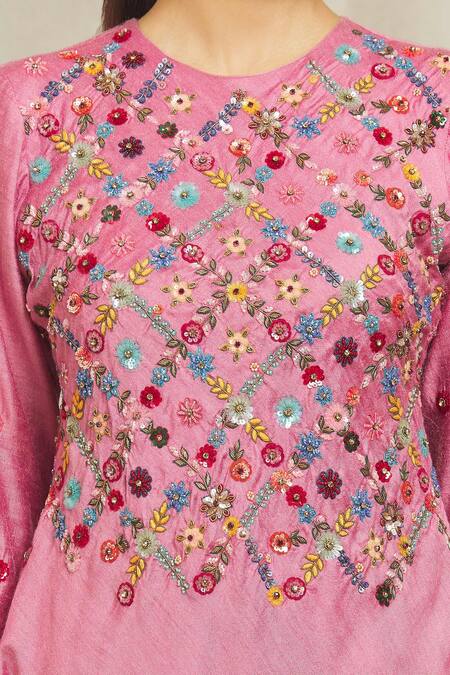 Bhusattva Pink Floral Hand Embroidered Organic Silk Kurta at Aza Fashions Bhusattva_Pink Floral Hand Embroidered Organic Silk Kurta _at_Aza_Fashions