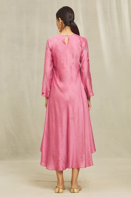 Shop Bhusattva Pink Floral Hand Embroidered Organic Silk Kurta at Aza Fashions Shop_Bhusattva_Pink Floral Hand Embroidered Organic Silk Kurta _at_Aza_Fashions