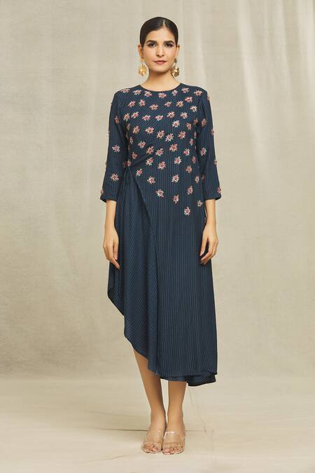 Bhusattva_Blue Silk, Jacquard Embroidery Round Neck Hand Asymmetric Dress _Online_at_Aza_Fashions