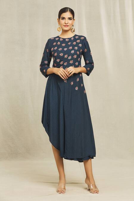 Buy_Bhusattva_Blue Silk, Jacquard Embroidery Round Neck Hand Asymmetric Dress _Online_at_Aza_Fashions