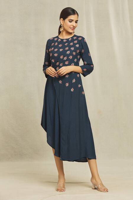 Shop_Bhusattva_Blue Silk, Jacquard Embroidery Round Neck Hand Asymmetric Dress _Online_at_Aza_Fashions
