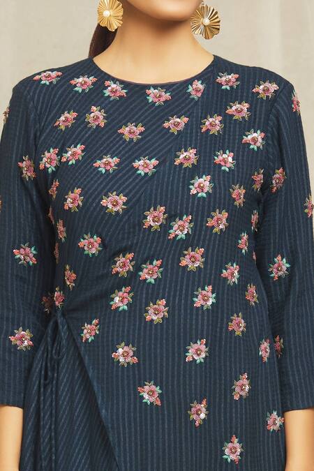 Bhusattva_Blue Silk, Jacquard Embroidery Round Neck Hand Asymmetric Dress _at_Aza_Fashions