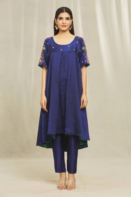 Bhusattva Blue Organic Silk Hand Embroidered Floral Scoop Anarkali And Pant Set Online at Aza Fashions Bhusattva_Blue Organic Silk Hand Embroidered Floral Scoop Anarkali And Pant Set _Online_at_Aza_Fashions