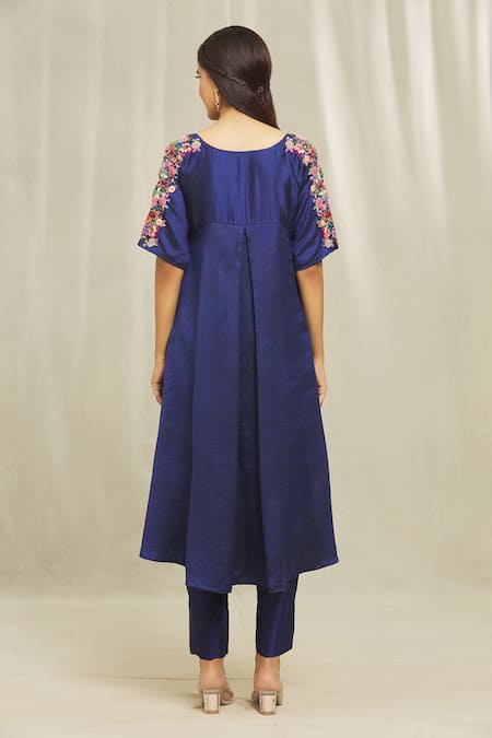 Shop Bhusattva Blue Organic Silk Hand Embroidered Floral Scoop Anarkali And Pant Set at Aza Fashions Shop_Bhusattva_Blue Organic Silk Hand Embroidered Floral Scoop Anarkali And Pant Set _at_Aza_Fashions