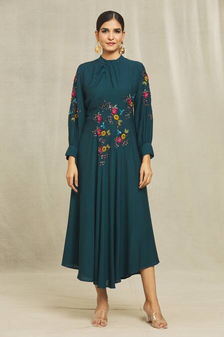 Bhusattva Blue Cotton Embroidery High Neck Bishop Sleeve Floral Dress Online at Aza Fashions Bhusattva_Blue Cotton Embroidery High Neck Bishop Sleeve Floral Dress _Online_at_Aza_Fashions