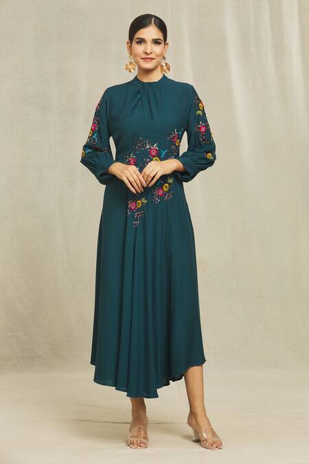 Buy Bhusattva Blue Cotton Embroidery High Neck Bishop Sleeve Floral Dress Online at Aza Fashions Buy_Bhusattva_Blue Cotton Embroidery High Neck Bishop Sleeve Floral Dress _Online_at_Aza_Fashions