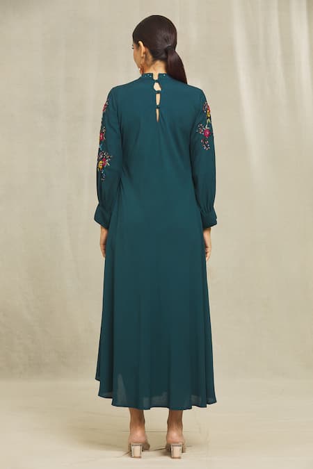 Shop Bhusattva Blue Cotton Embroidery High Neck Bishop Sleeve Floral Dress at Aza Fashions Shop_Bhusattva_Blue Cotton Embroidery High Neck Bishop Sleeve Floral Dress _at_Aza_Fashions
