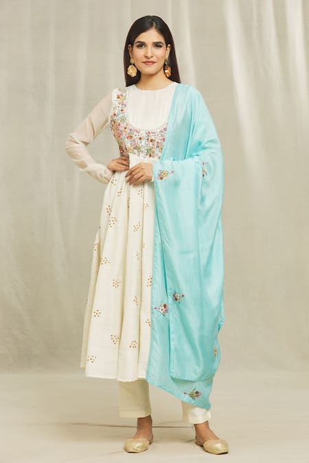 Bhusattva White Organic Silk Hand Embroidered Floral Flared Kurta With Dupatta  