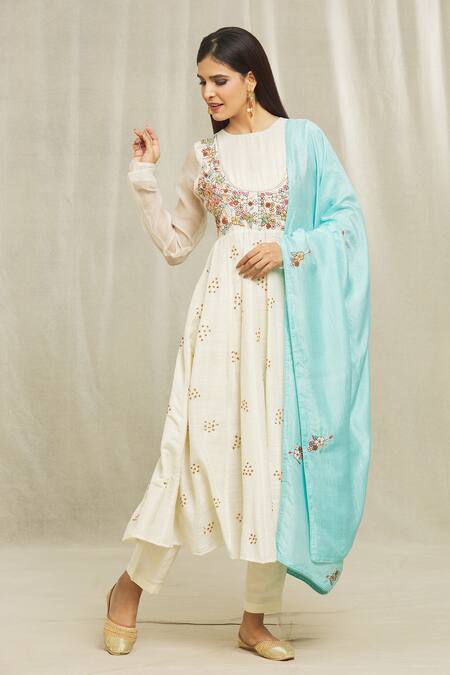 Shop Bhusattva White Organic Silk Hand Embroidered Floral Flared Kurta With Dupatta Online at Aza Fashions Shop_Bhusattva_White Organic Silk Hand Embroidered Floral Flared Kurta With Dupatta _Online_at_Aza_Fashions