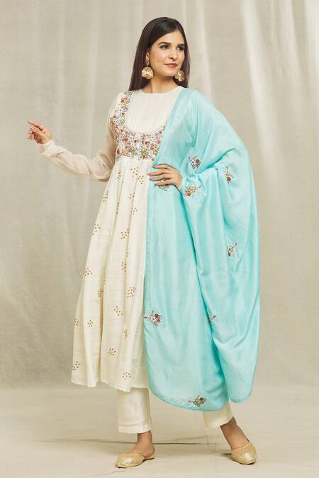 Bhusattva White Organic Silk Hand Embroidered Floral Flared Kurta With Dupatta at Aza Fashions Bhusattva_White Organic Silk Hand Embroidered Floral Flared Kurta With Dupatta _at_Aza_Fashions